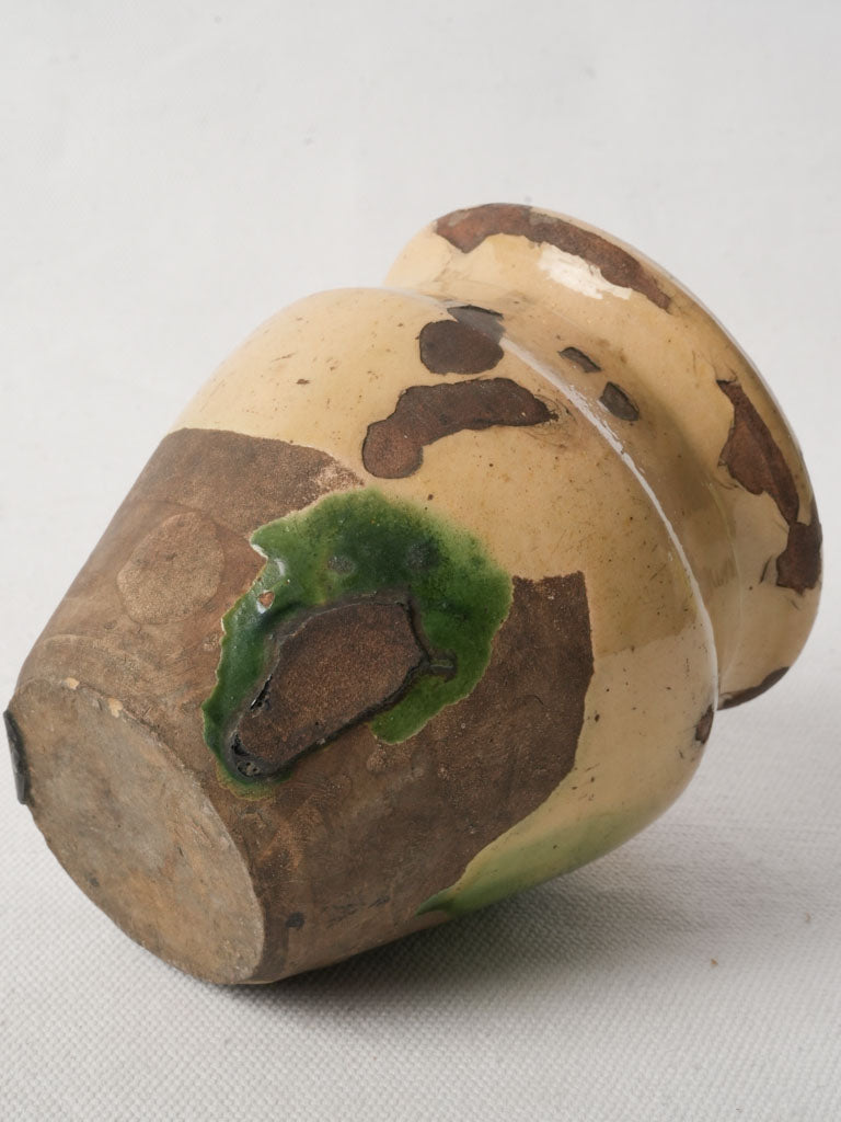 Petite Antique French Ceramic Pot W/ Beige And Green Glaze - 4¾"