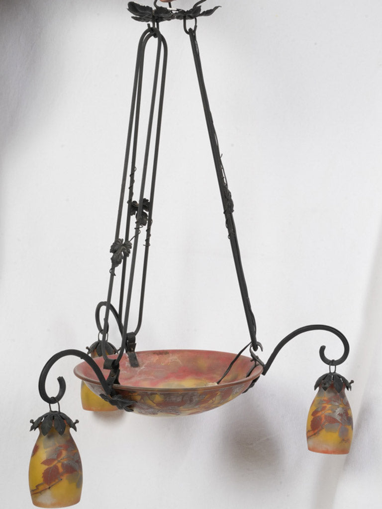 Art Nouveau Wrought Iron and Glass Chandelier Signed Reynaud - 34¾"