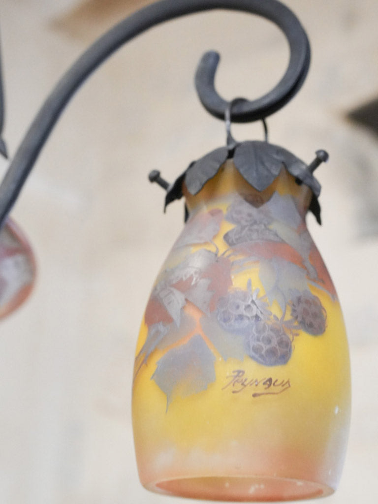 Art Nouveau Wrought Iron and Glass Chandelier Signed Reynaud - 34¾"