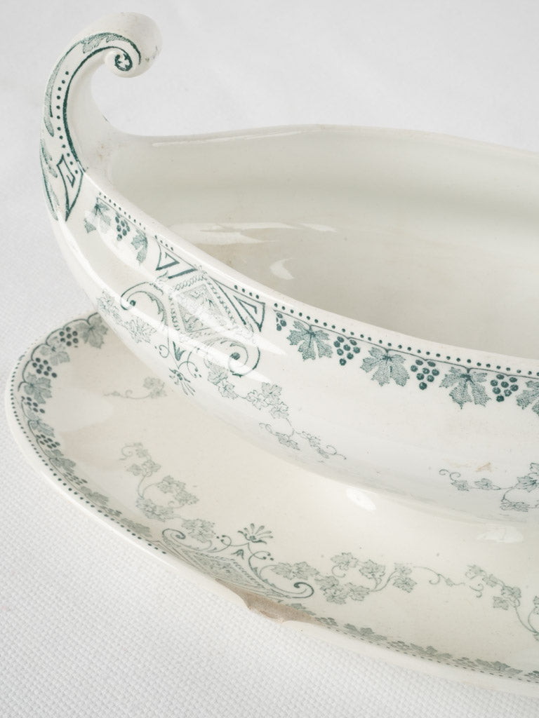 Luneville Faience Green Motif Sauce Boat