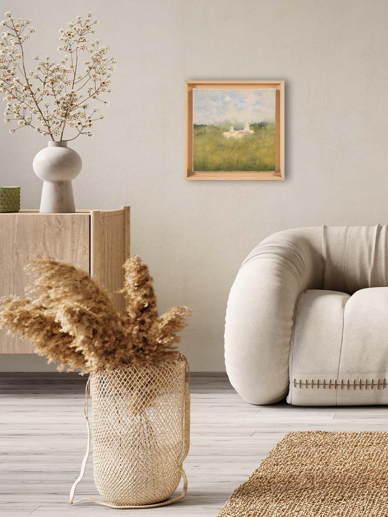 Contemporary landscape painting by Karibou - "Le village blotti" 14¼" x 14¼"