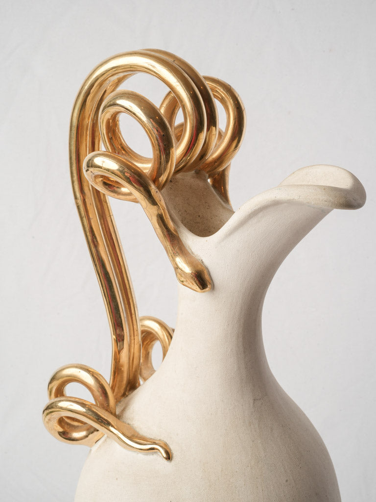 French Mid-20th Century Terracotta Ewer Vase w/ Gilt Serpent Handle - 22"
