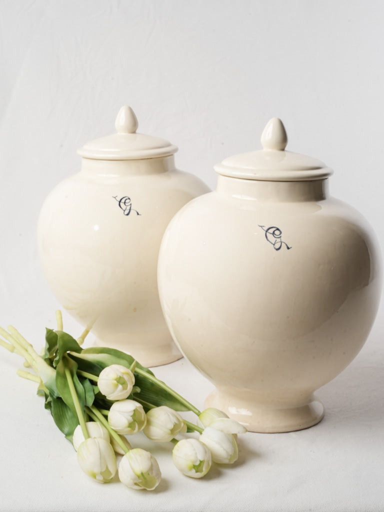 Pair of Early 20th-Century Italian White Glazed Jars w/ Blue Monogram - 13½"