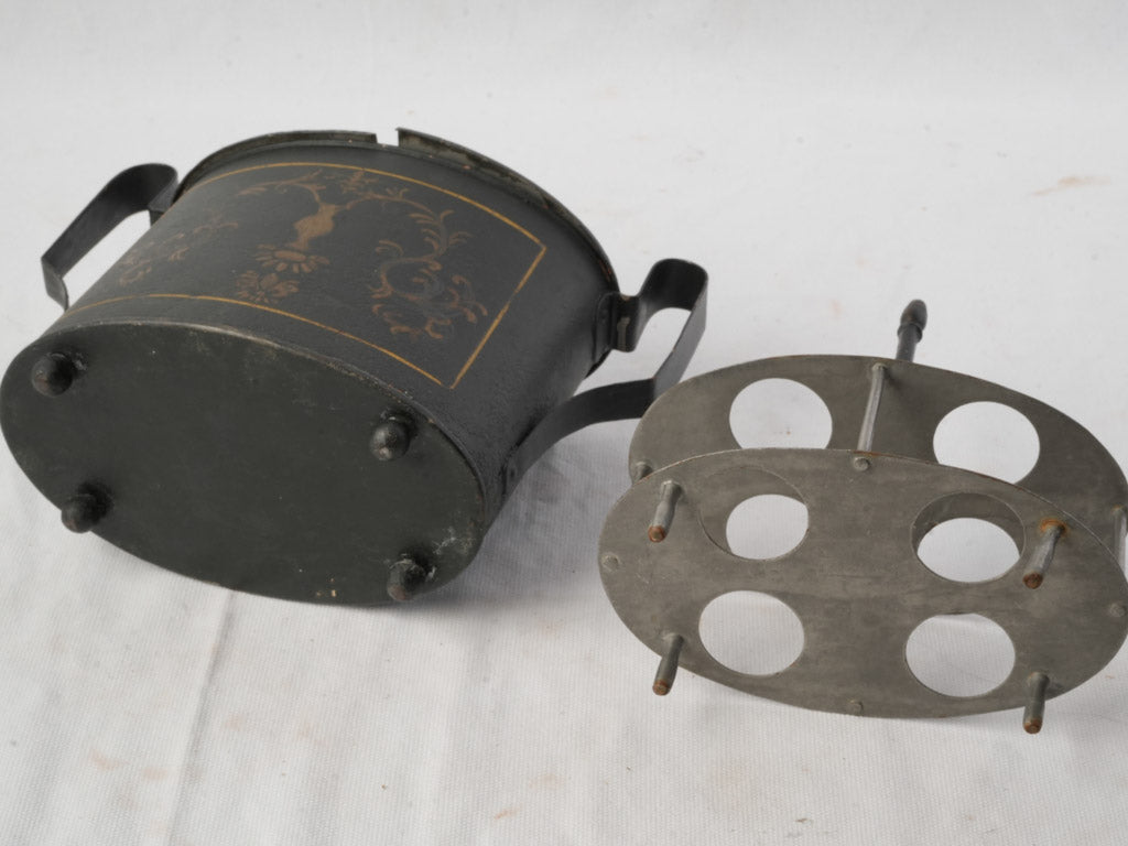 Historic soft-black japanned tinplate