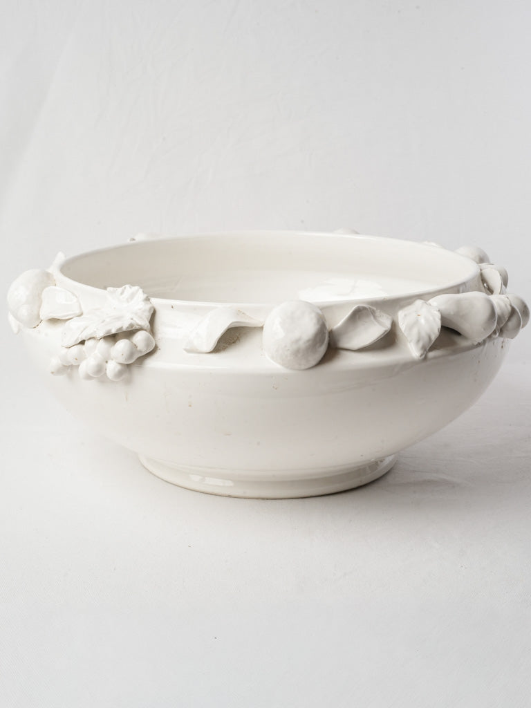 Large French White Faience Centerpiece Bowl w/ Fruit Decoration - 20"