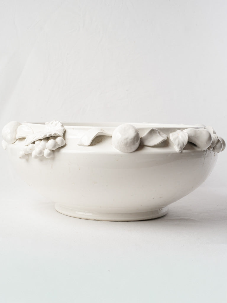 Large French White Faience Centerpiece Bowl w/ Fruit Decoration - 20"