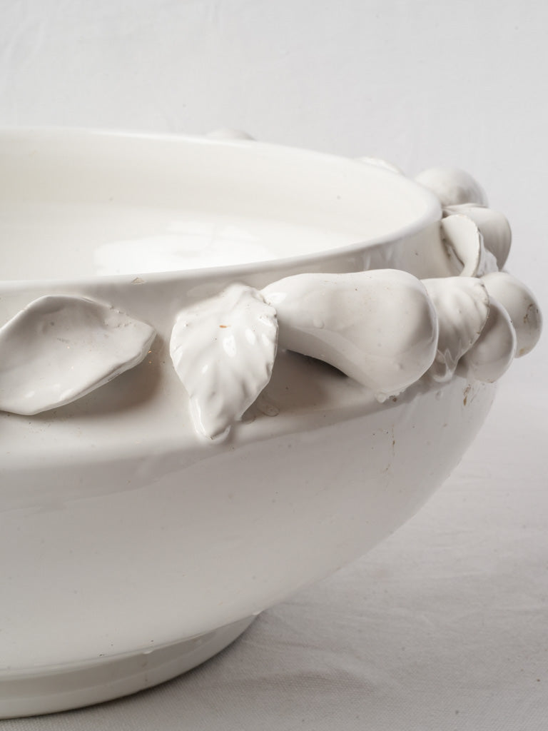Large French White Faience Centerpiece Bowl w/ Fruit Decoration - 20"