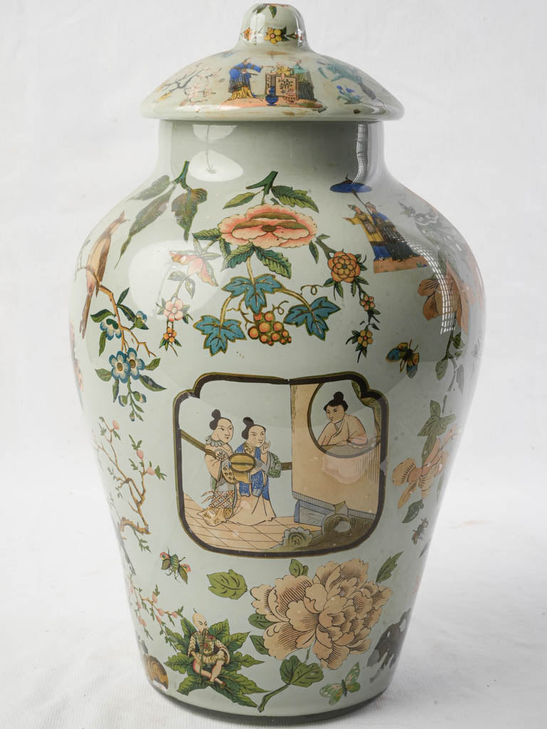 19th Century Italian Arte Povera Glass Jar w/ Polychrome Chinese Inspired Decoration - 15"