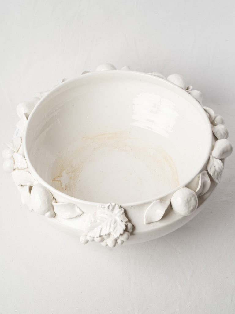 Large French White Faience Centerpiece Bowl w/ Fruit Decoration - 20"