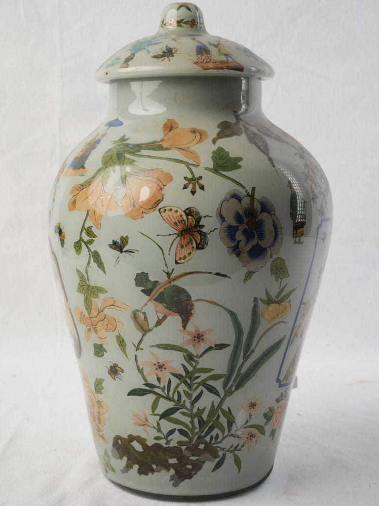 19th Century Italian Arte Povera Glass Jar w/ Polychrome Chinese Inspired Decoration - 15"