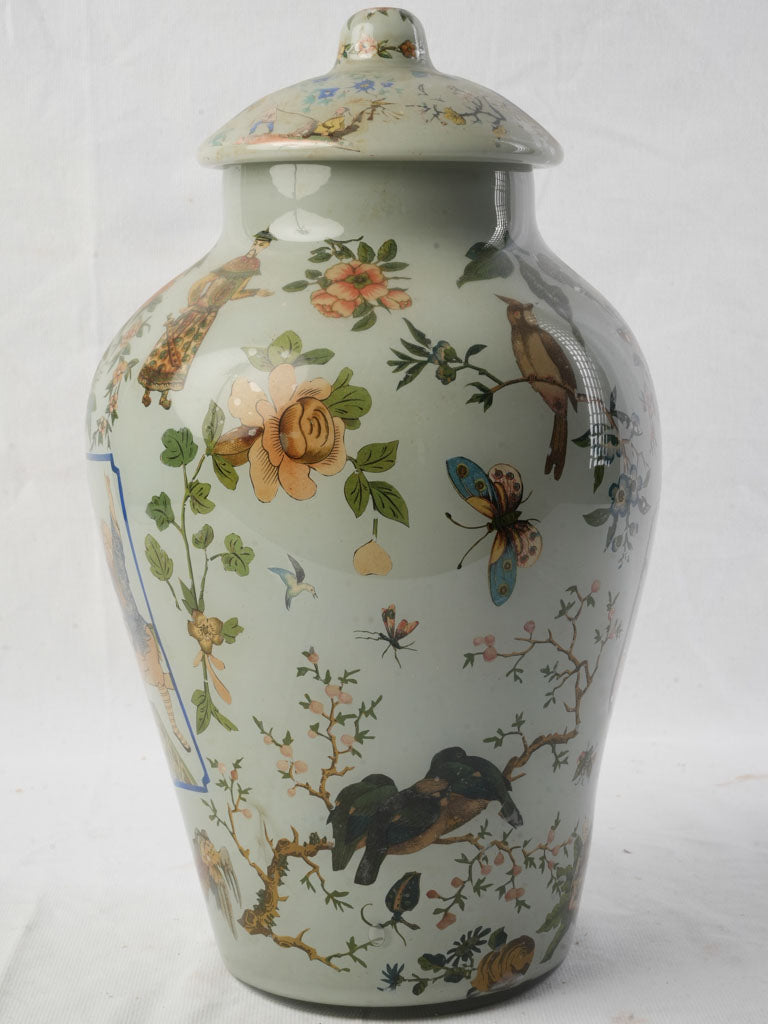 19th Century Italian Arte Povera Glass Jar w/ Polychrome Chinese Inspired Decoration - 15"