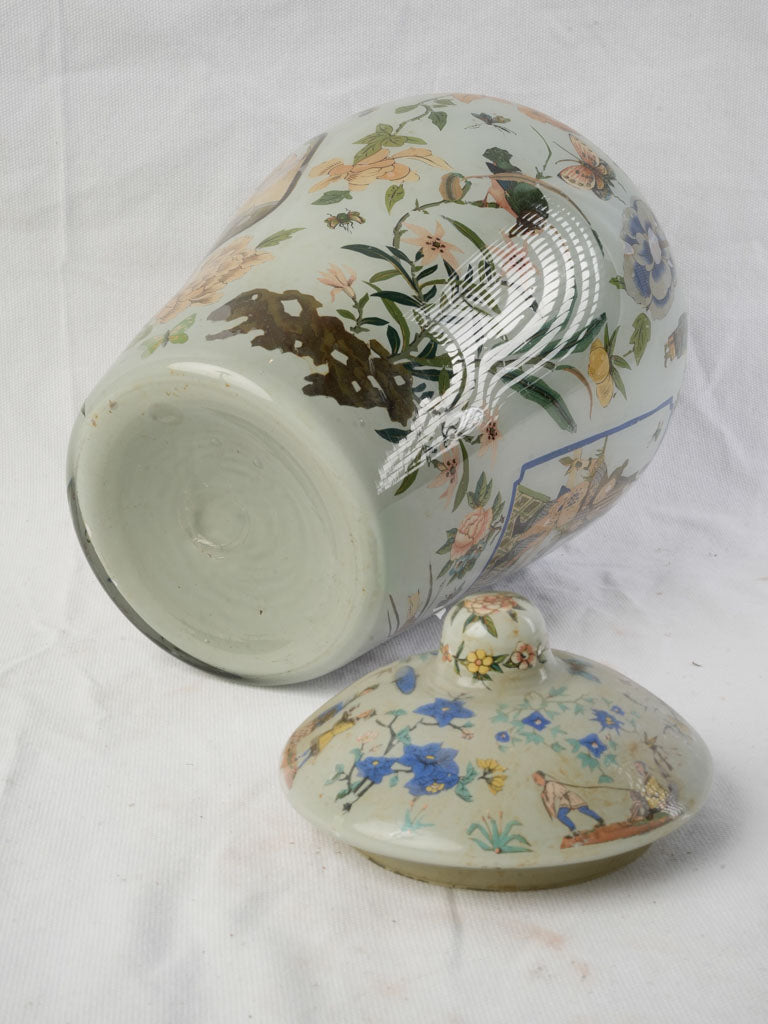 19th Century Italian Arte Povera Glass Jar w/ Polychrome Chinese Inspired Decoration - 15"