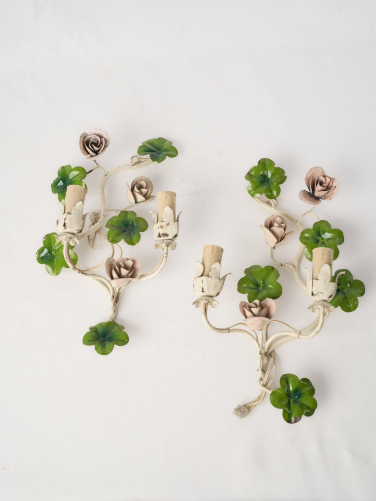 Pair of 1950s–60s Floral Toleware Wall Sconces - 15¼"