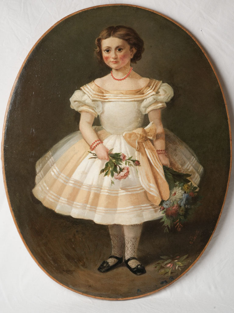 Exceptional Oval Portrait of a Young Girl with Flowers by Antonio Pascutti (1832-1892) - 36½" x 28¼"