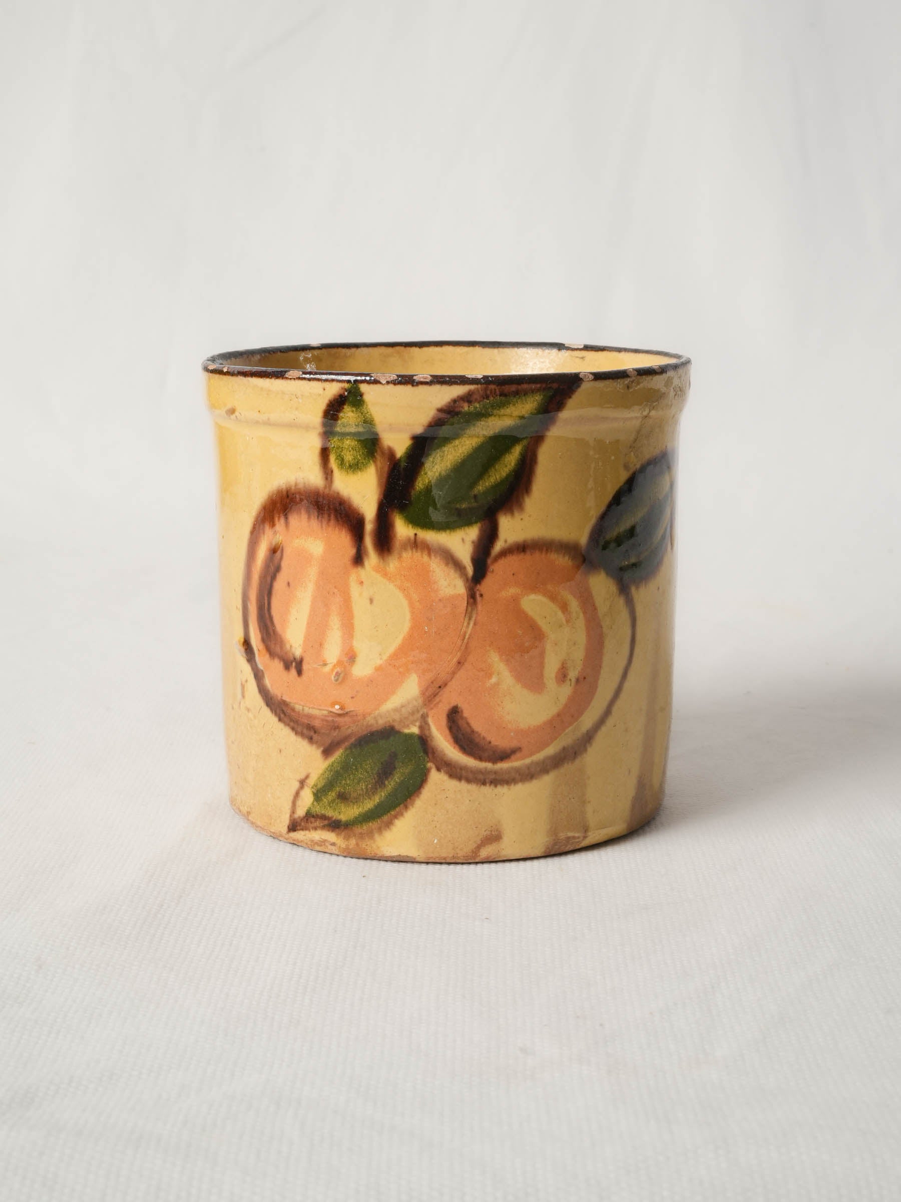 Vintage terracotta jam pot w/ apricot decoration 4"