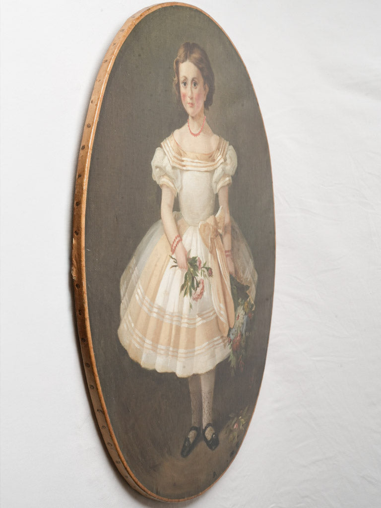 Exceptional Oval Portrait of a Young Girl with Flowers by Antonio Pascutti (1832-1892) - 36½" x 28¼"