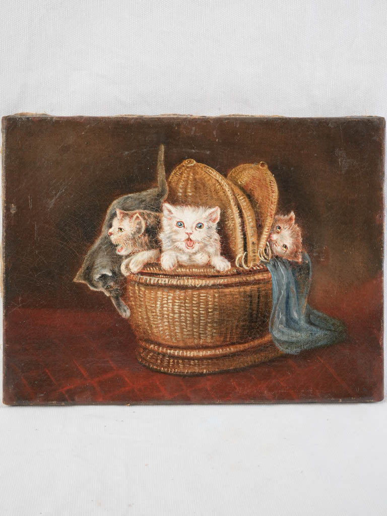 Petite Late 19th-Century French Oil on Canvas of Kittens in a Wicker B