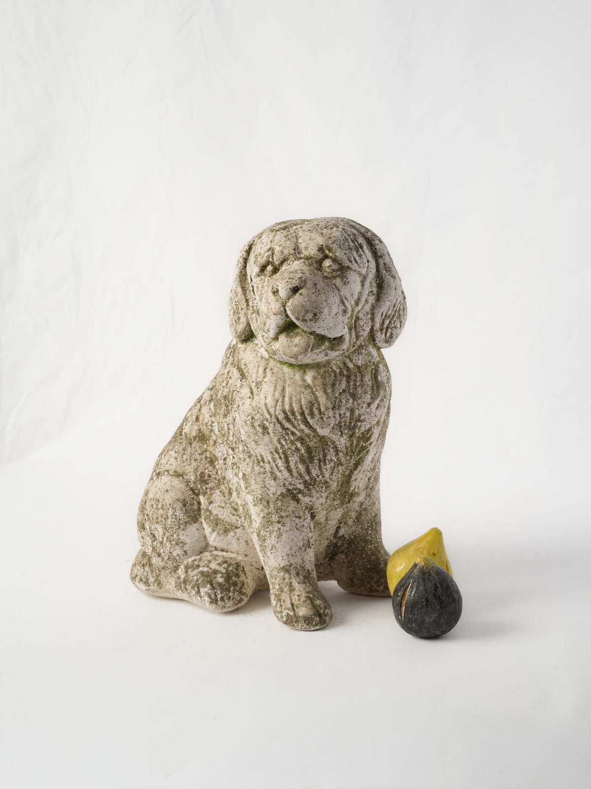 Vintage Cast-Stone Seated Dog Garden Sculpture w/ Mossy Patina - 14½"