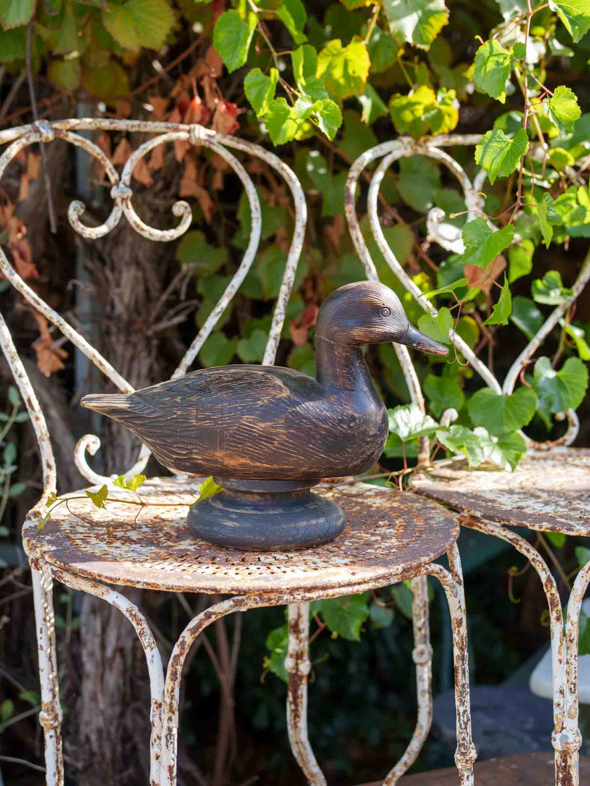 Mid-Century French Hand-Carved Wooden Duck Decoy on Base - 9½" x 13½"