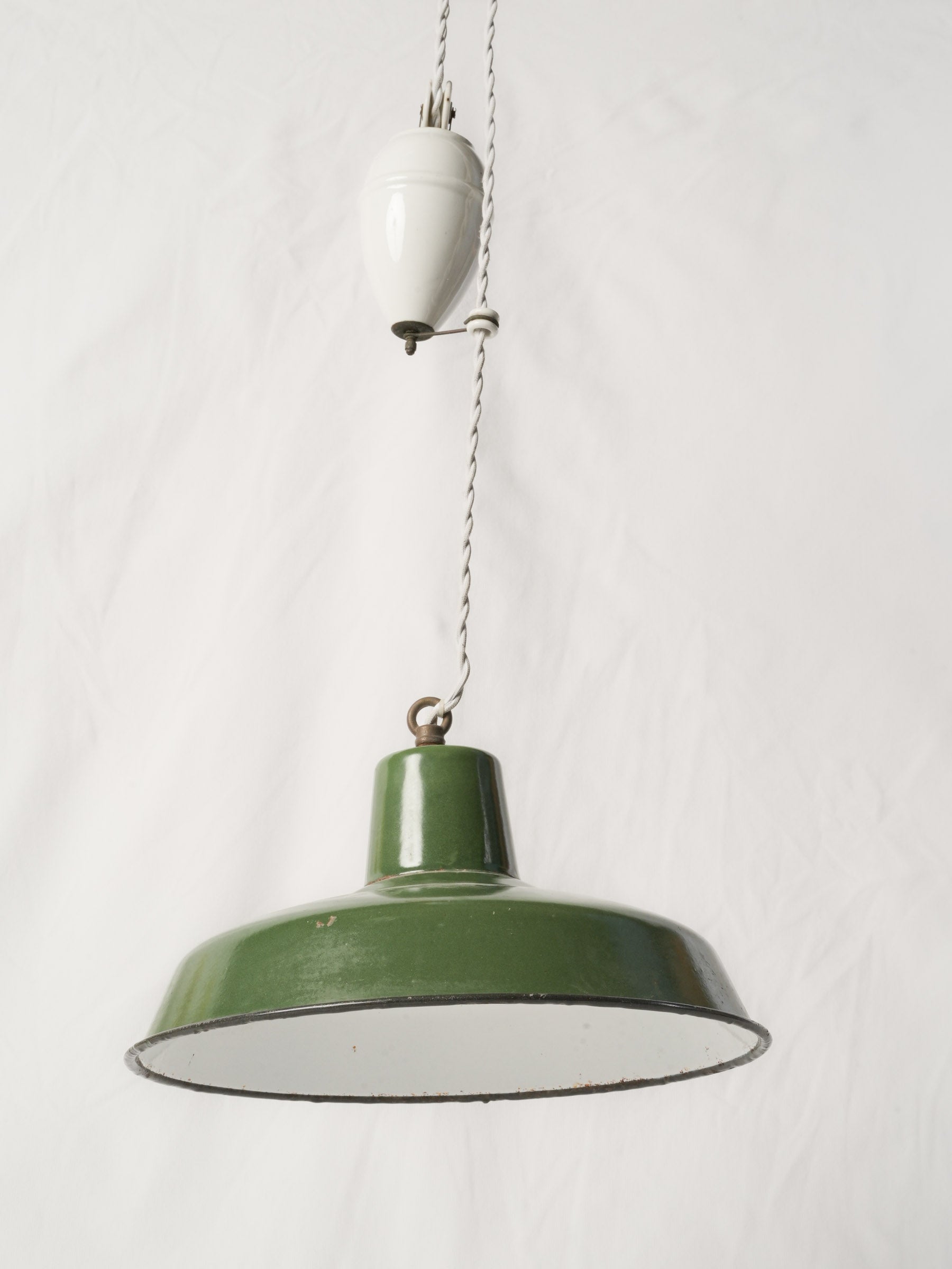 Antique French green enamel rise-and-fall pendant w/ ceramic counterweight