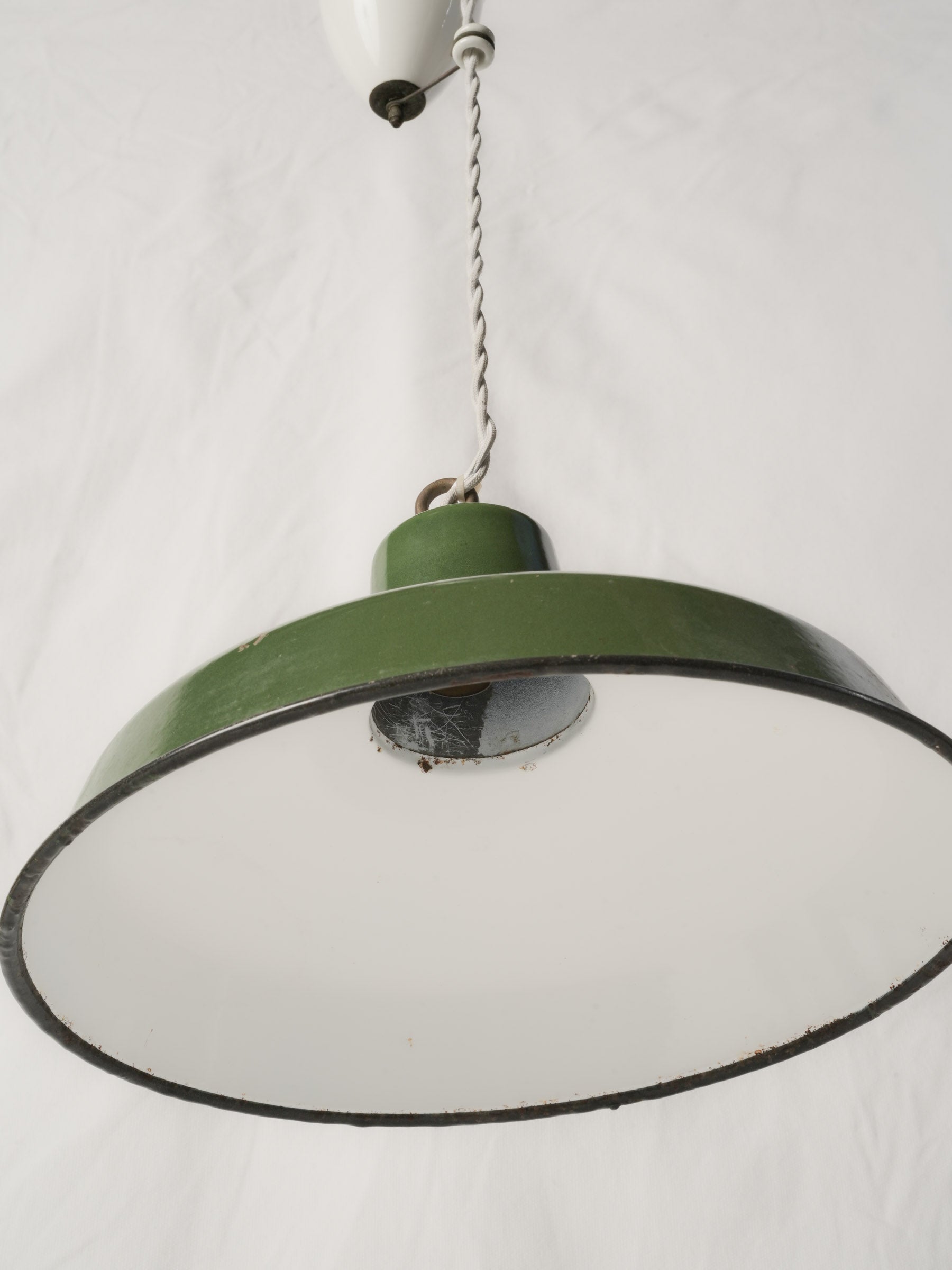 Antique French green enamel rise-and-fall pendant w/ ceramic counterweight