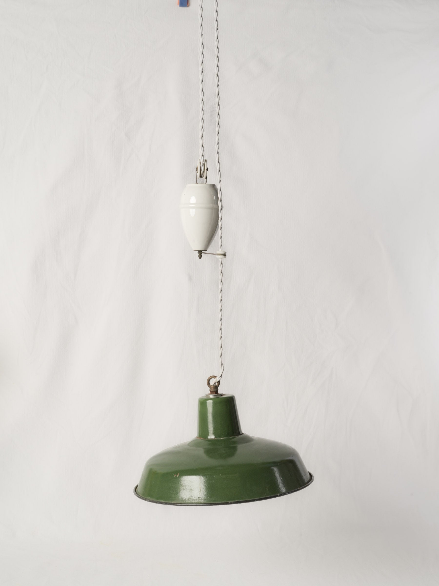 Antique French green enamel rise-and-fall pendant w/ ceramic counterweight