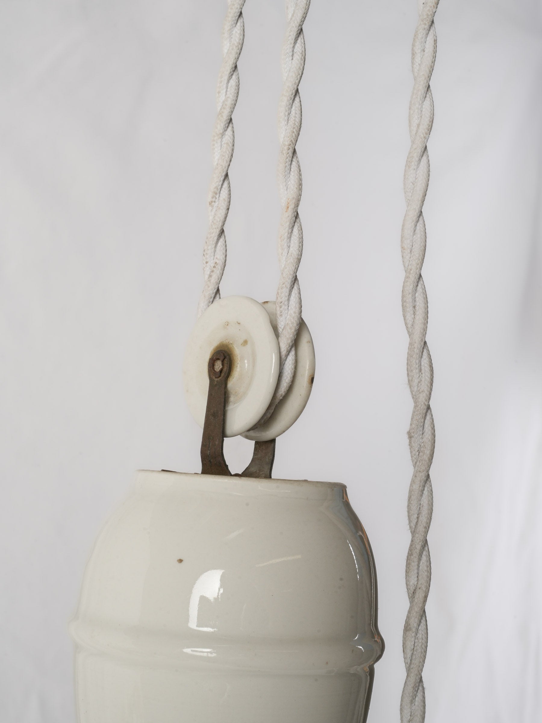 Antique French green enamel rise-and-fall pendant w/ ceramic counterweight