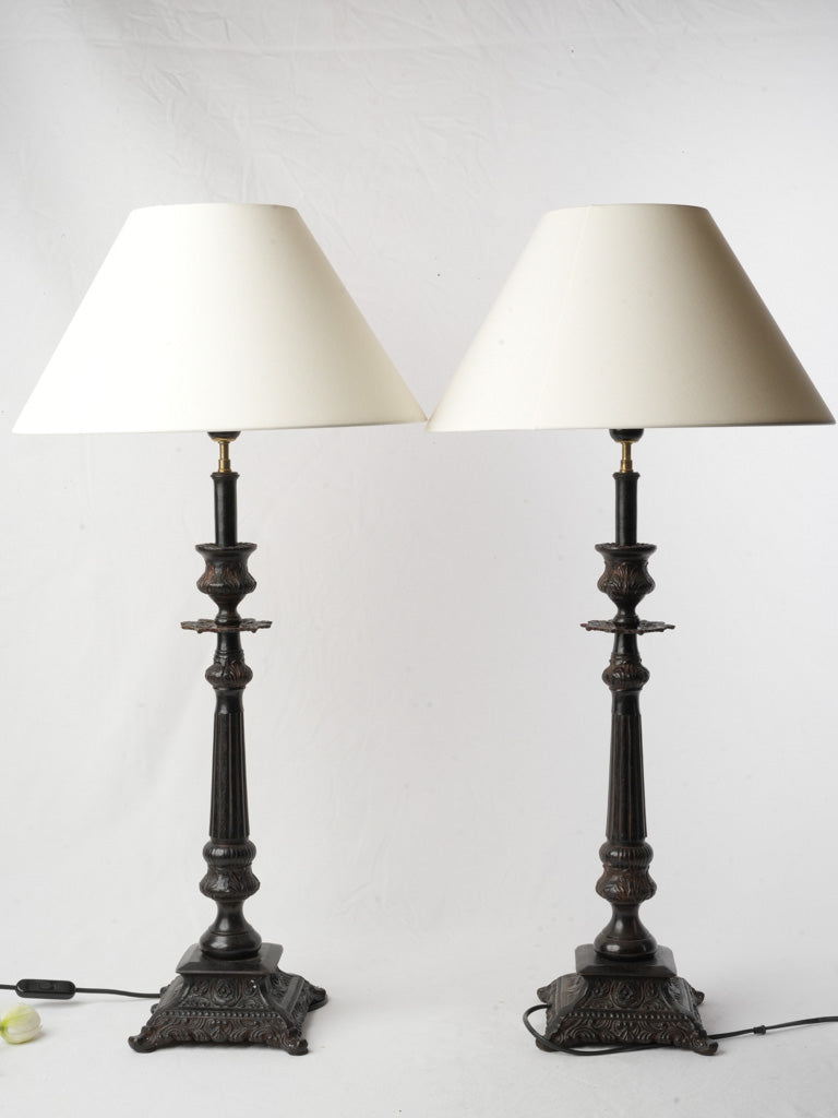 Pair of Tall French Cast Iron Lamps Converted from Candlesticks - 32¼"