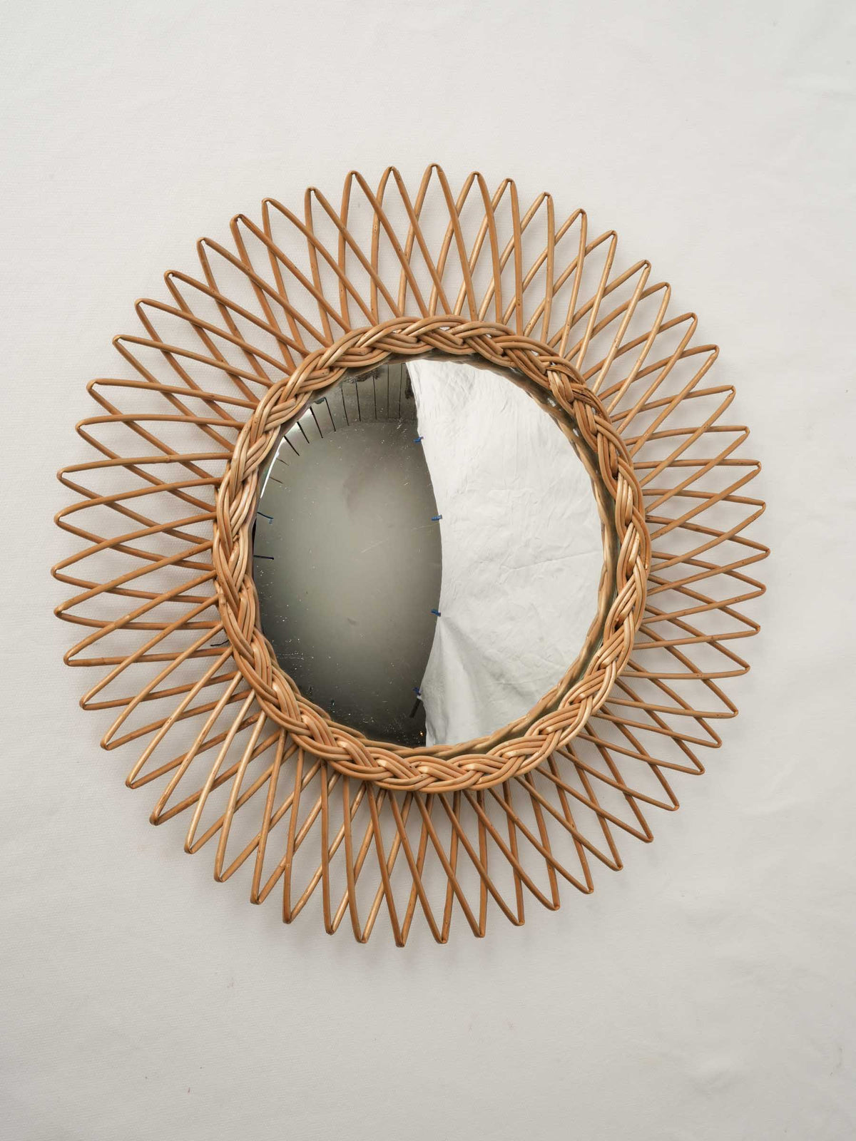 Vintage Hand-Woven Rattan Sunburst Mirror w/ Convex Glass - 17¾"