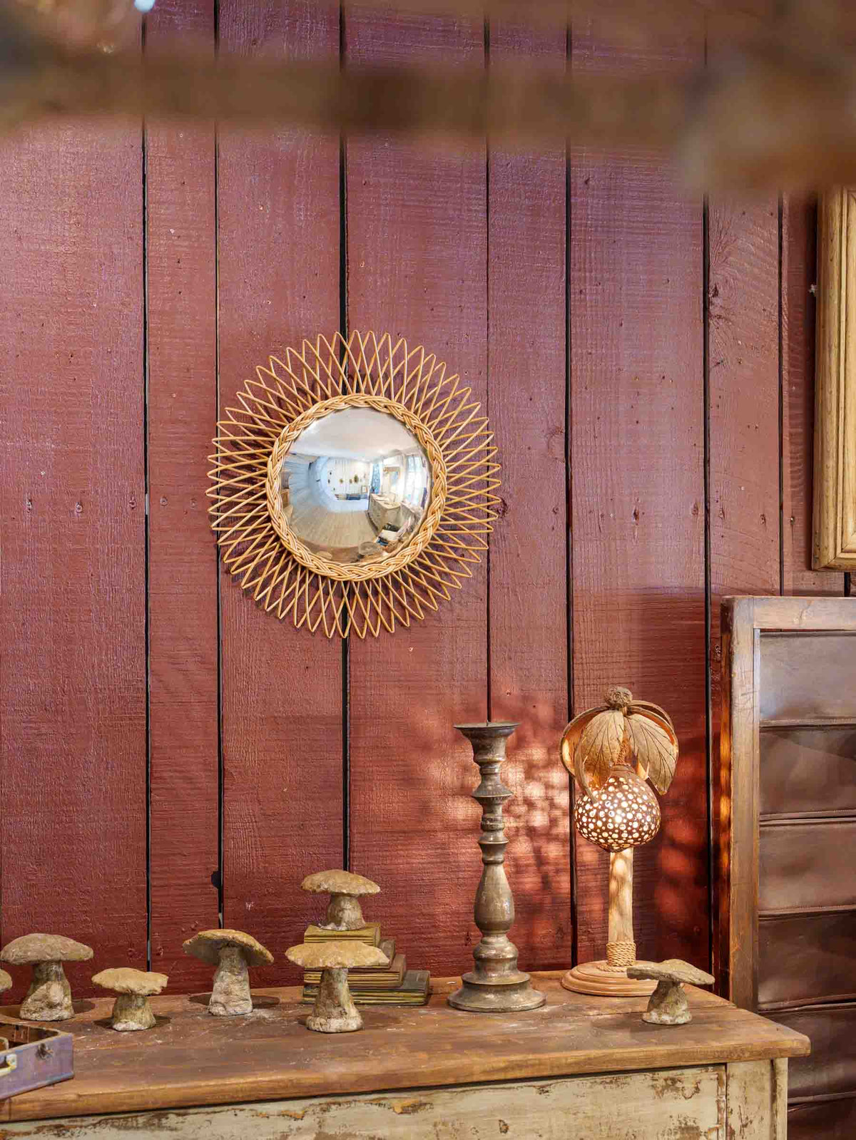 Vintage Hand-Woven Rattan Sunburst Mirror w/ Convex Glass - 17¾"