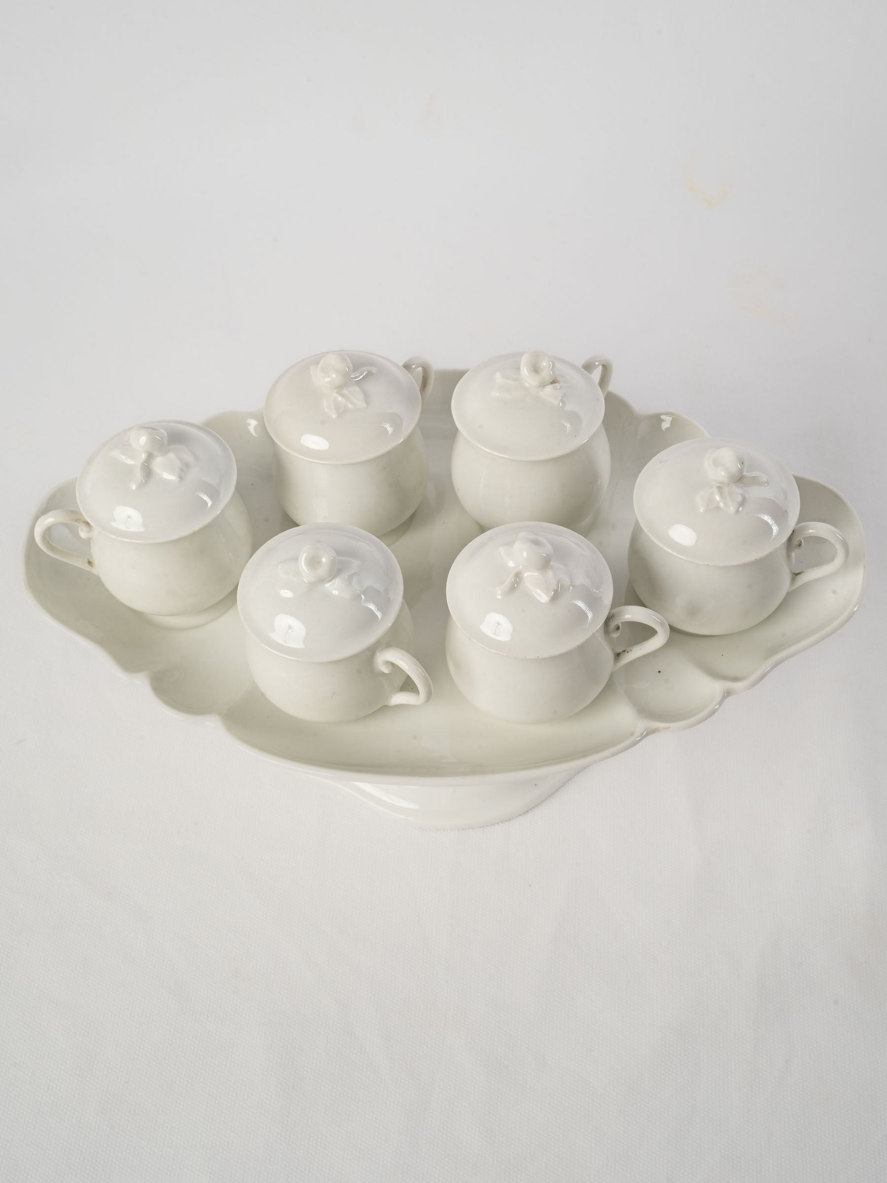 Set of 6 Antique French porcelain lidded pots à crème w/ stand