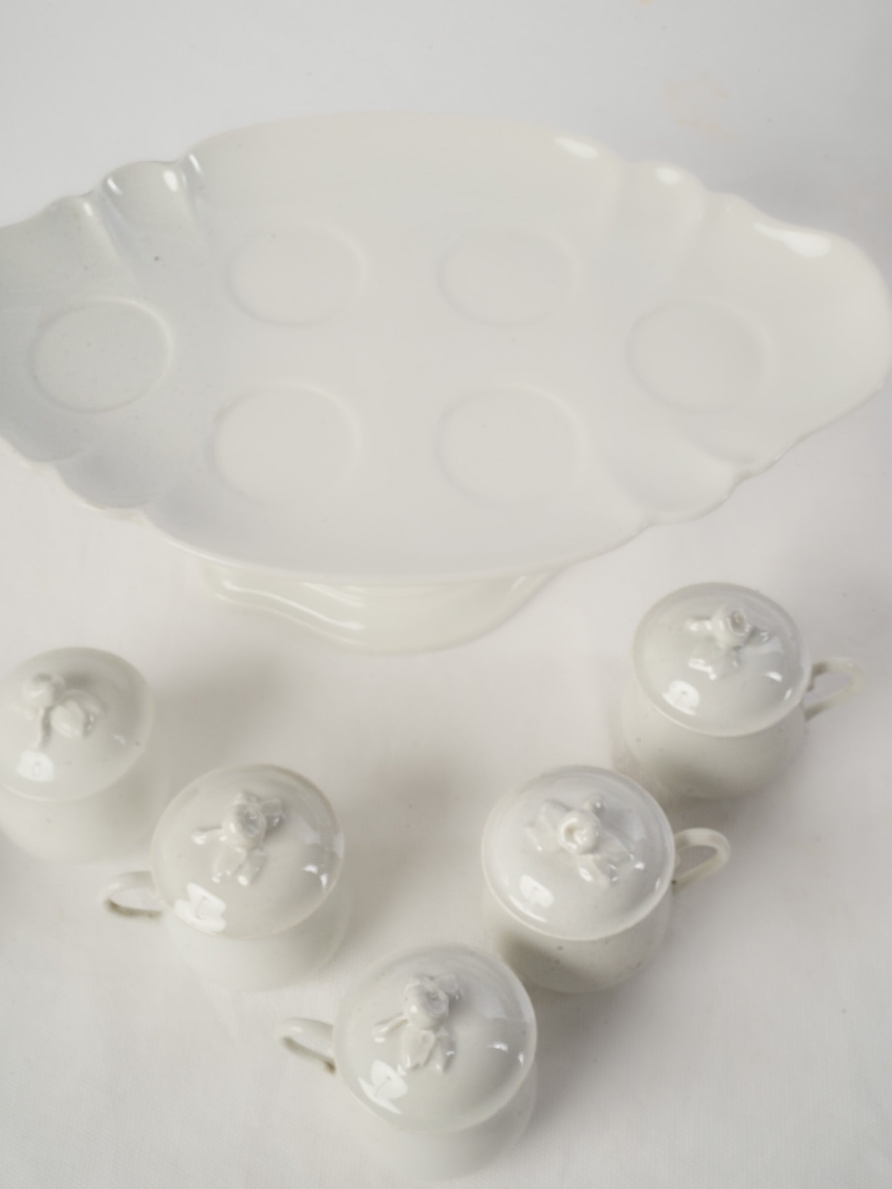 Set of 6 Antique French porcelain lidded pots à crème w/ stand