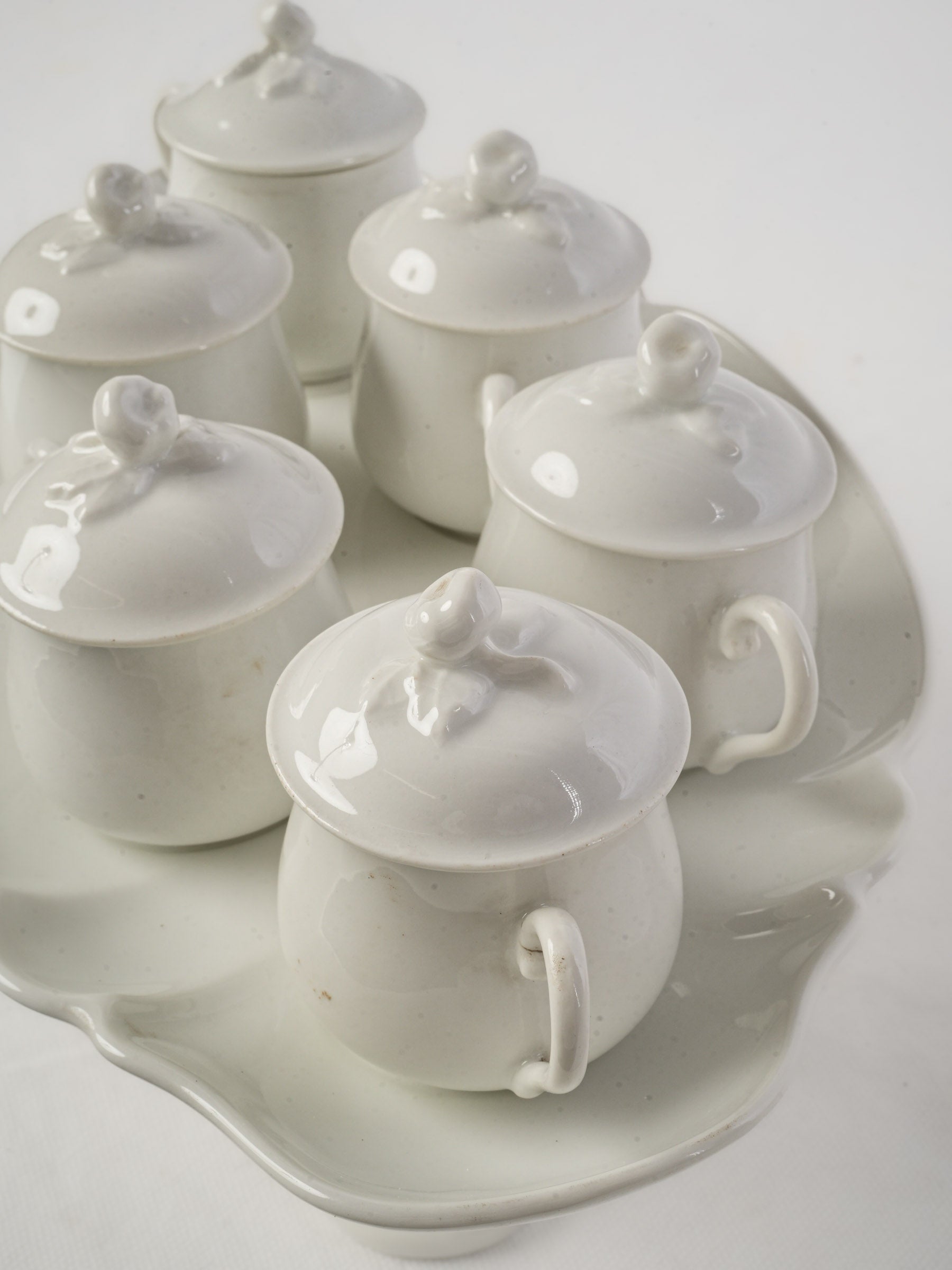Set of 6 Antique French porcelain lidded pots à crème w/ stand