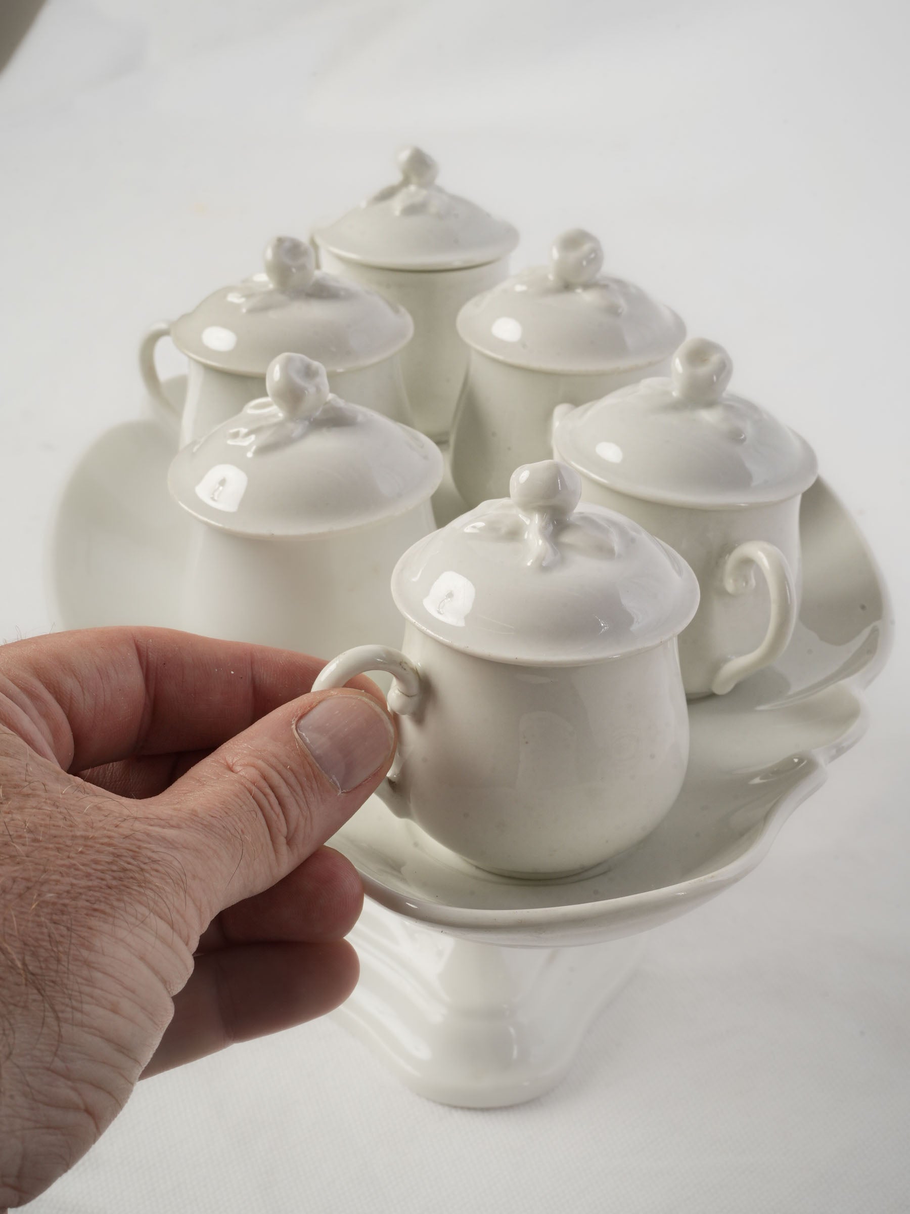 Set of 6 Antique French porcelain lidded pots à crème w/ stand