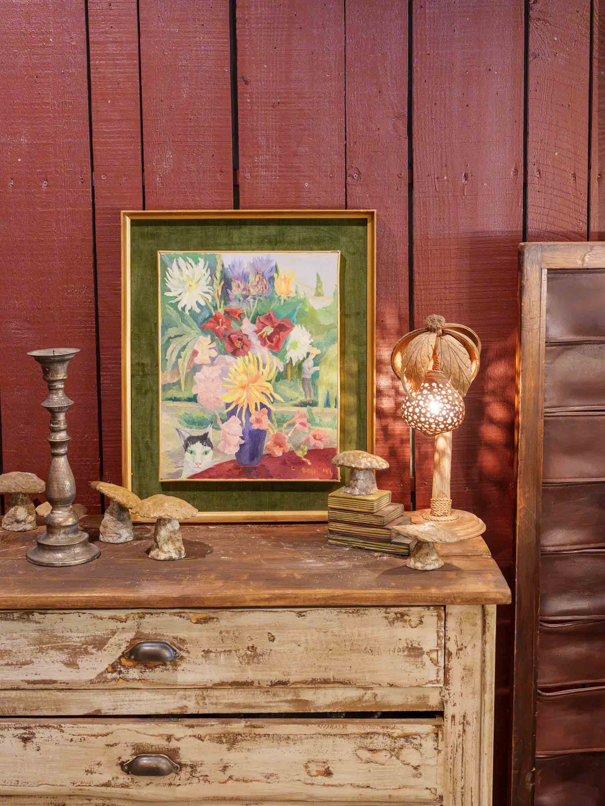 Floral Still Life w/ Cat by Lucia Maria Bessi, Dated 1974 - 24½" x 19¾"