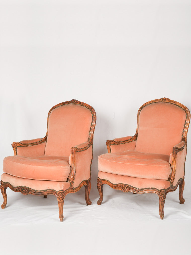 19th-century pair of French Louis XV-style bergère armchairs w/ peach-