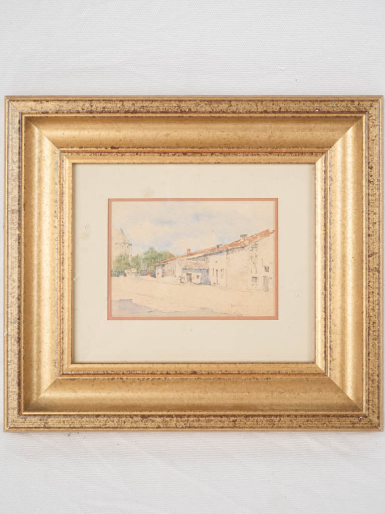 Petite French Watercolor Village Street Scene in Giltwood Frame - 9¾" x 11½"