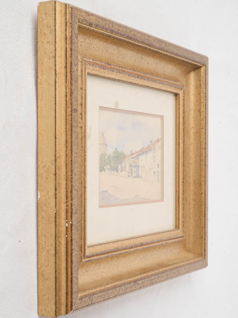 Petite French Watercolor Village Street Scene in Giltwood Frame - 9¾" x 11½"