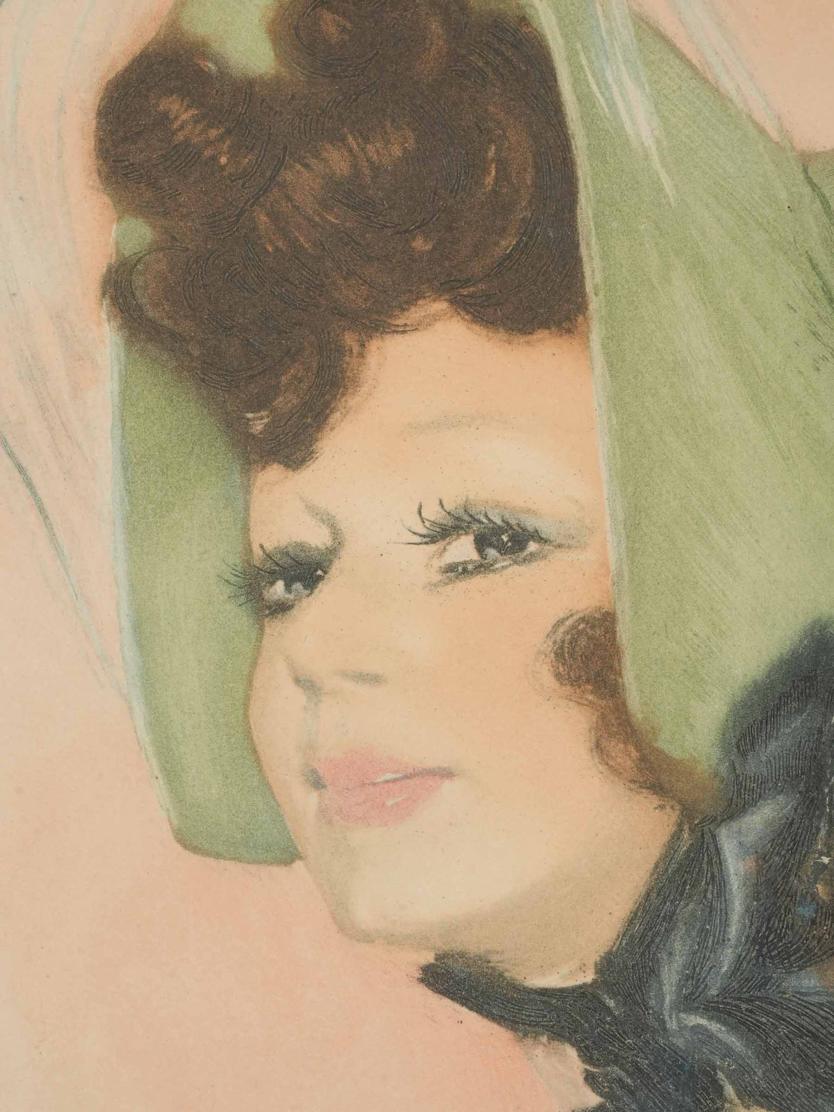 Early 20th-Century Pastel Portrait of an Elegant Woman in a Green Bonnet - 28" x 24"