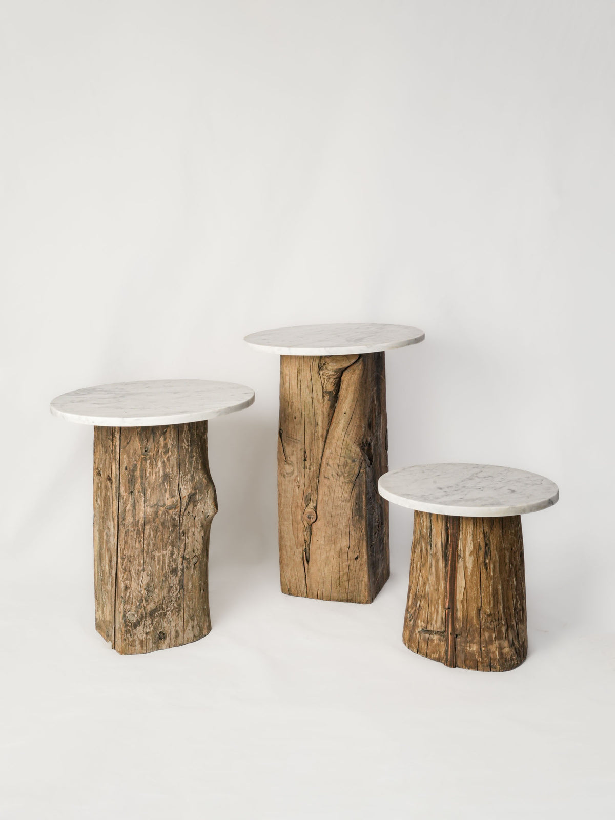 Set of Three Graduated Contemporary Reclaimed Wood and Marble Side Tables