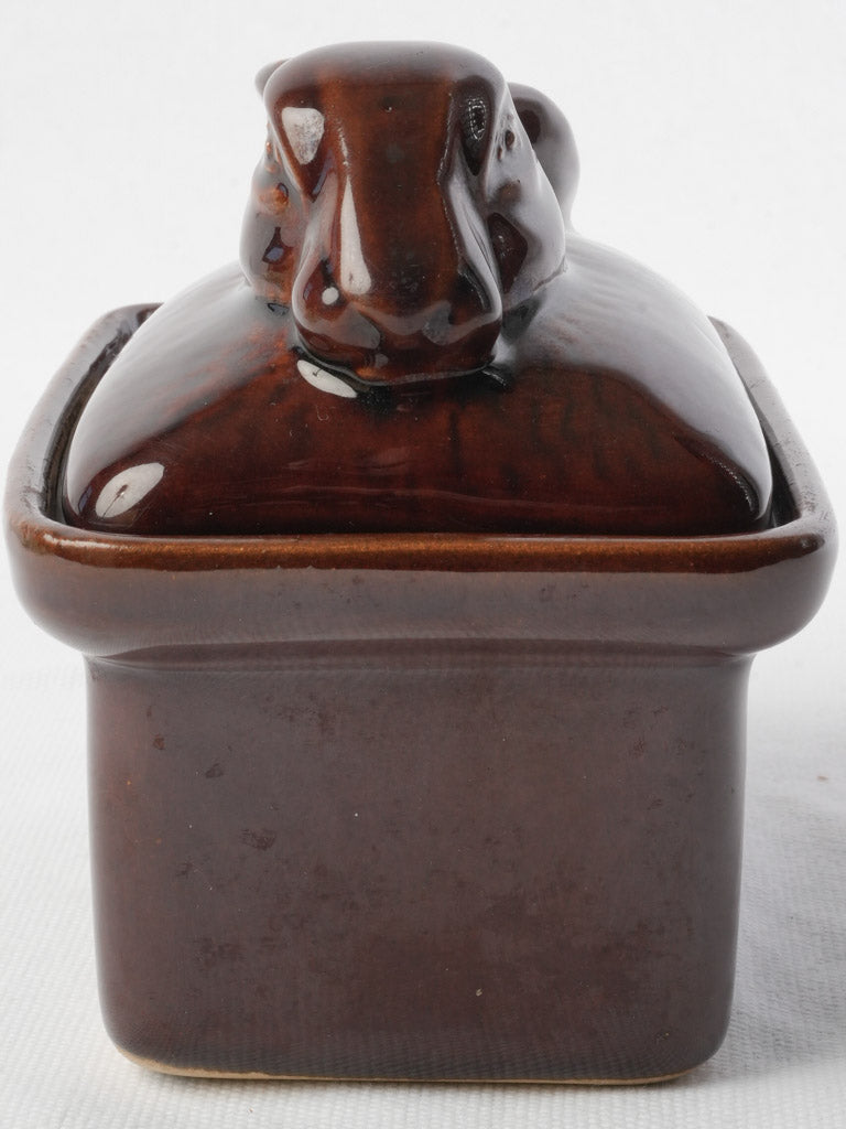 Brown Glazed Ceramic Terrine w/ Sculpted Hare Lid - 5"