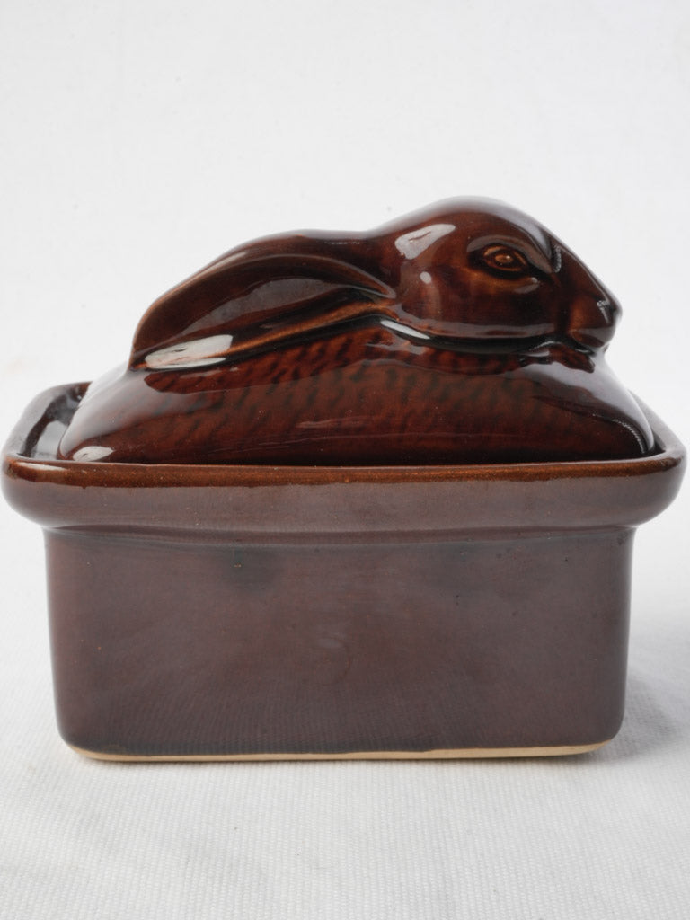 Brown Glazed Ceramic Terrine w/ Sculpted Hare Lid - 5"