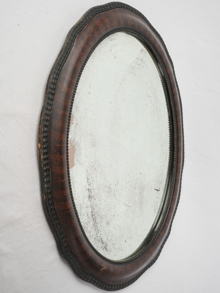 French Napoleon III Oval Mirror w/ Faux Wood Finish and Beveled Glass - 33" x 22"