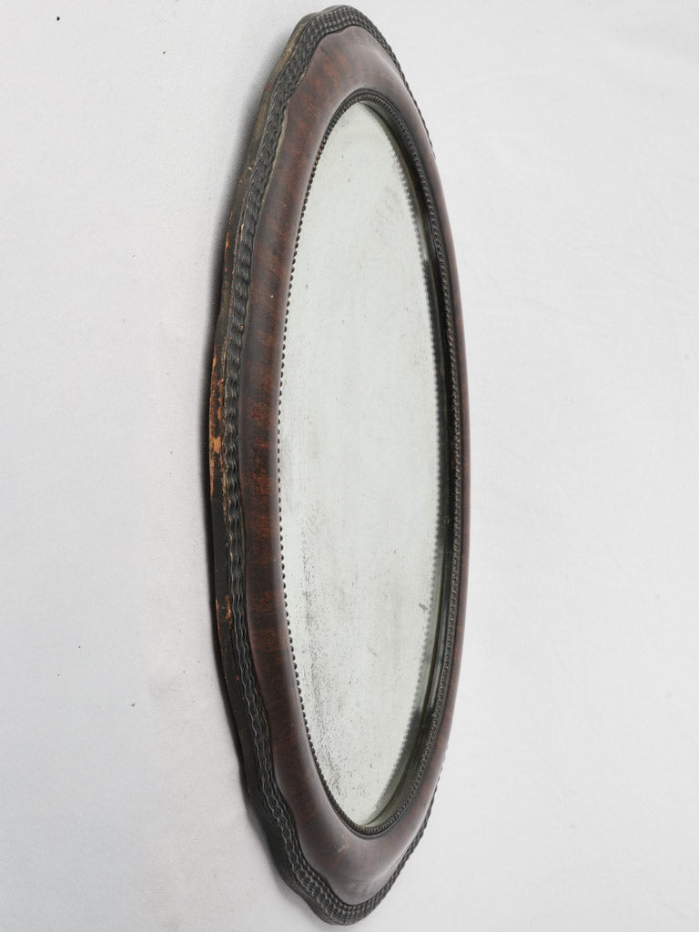 French Napoleon III Oval Mirror w/ Faux Wood Finish and Beveled Glass - 33" x 22"