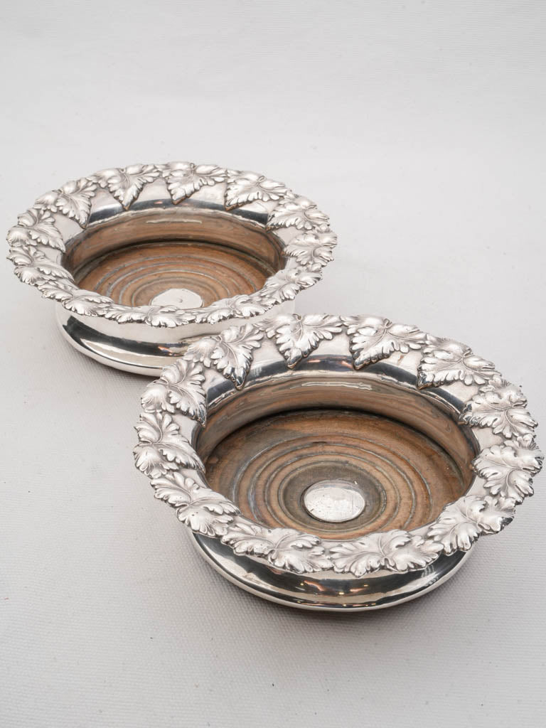 Pair of Silverplate Wine Coasters w/ Grape Leaf Borders - 6¾"