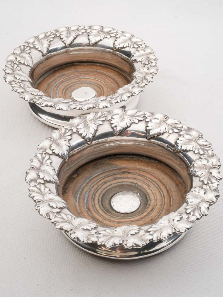 Pair of Silverplate Wine Coasters w/ Grape Leaf Borders - 6¾"