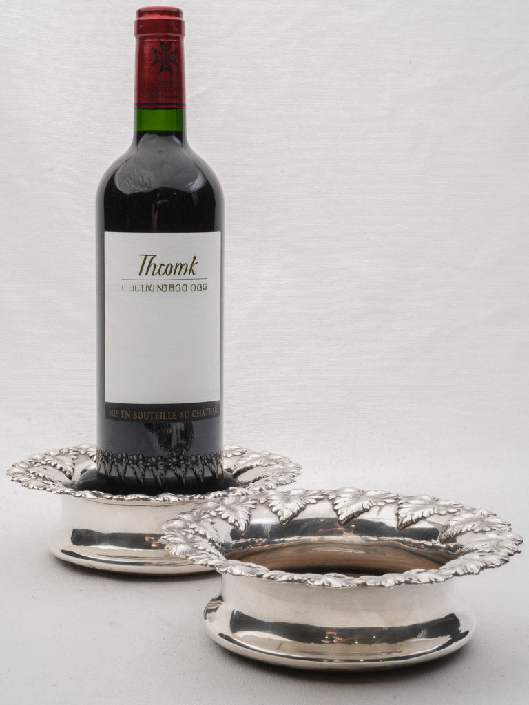 Pair of Silverplate Wine Coasters w/ Grape Leaf Borders - 6¾"
