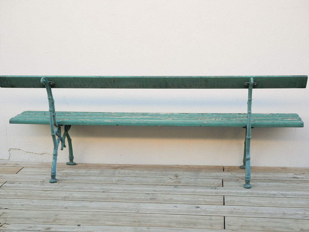 Enchanting 19th-Century Slatted Garden Bench W/ Weathered Green Paint - 79¼"