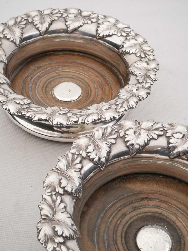 Pair of Silverplate Wine Coasters w/ Grape Leaf Borders - 6¾"