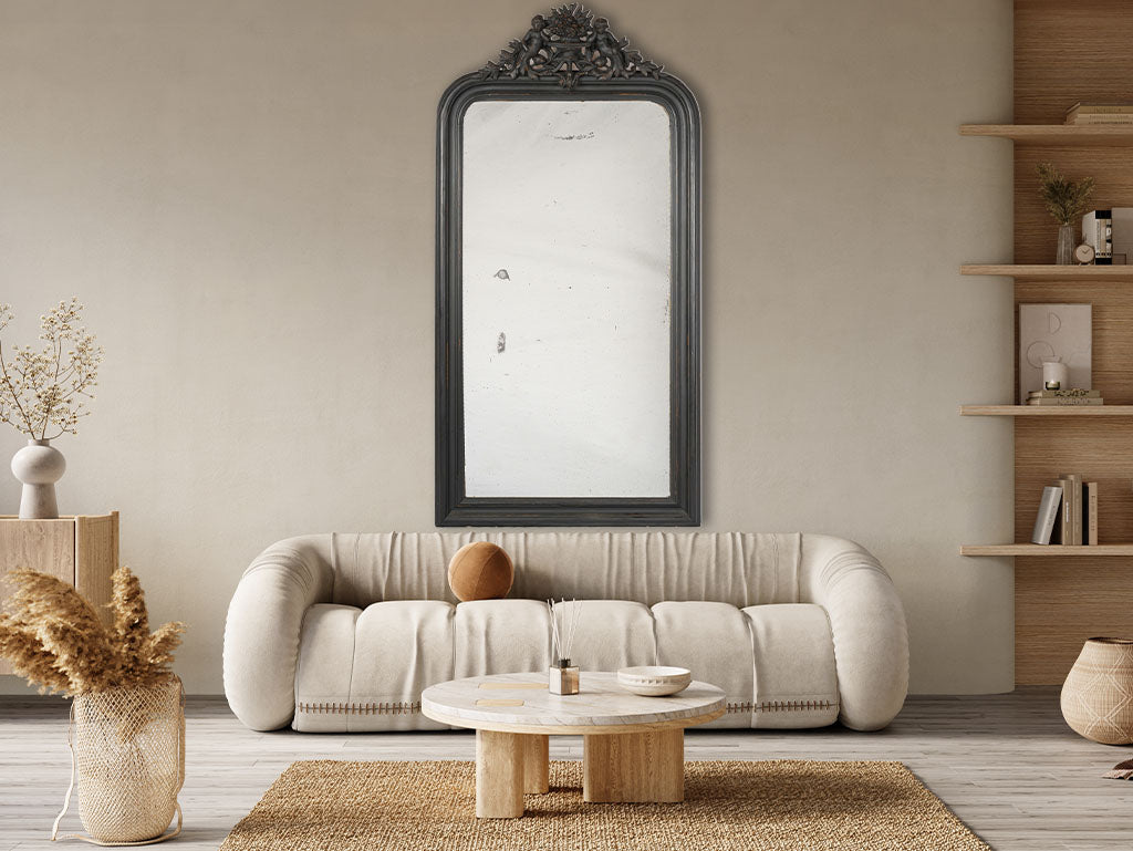 Commanding Second Empire Mirror w/ Black Finish and Ornamental Crest - 67"